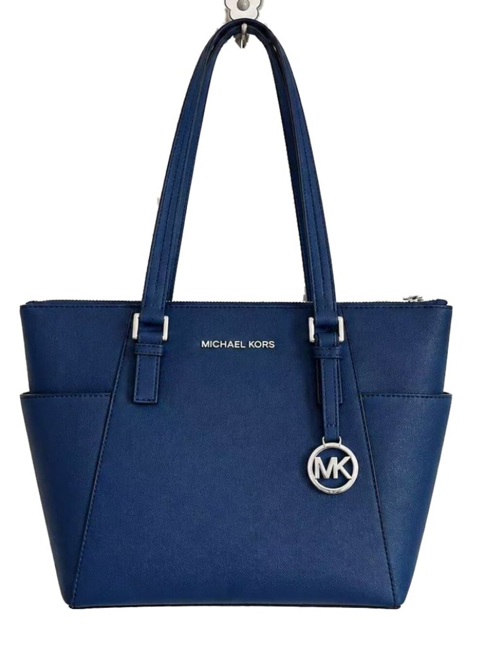 Michael Kors Navy Blue Saffiano Leather Tote Shoulder Bag Silver MK Charm